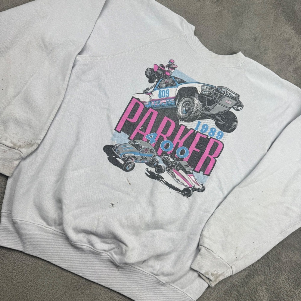 Hanes Parker 400 Racing Sweatshirt Mens L Gray Fair Vintage 1989 Thrashed Raglan